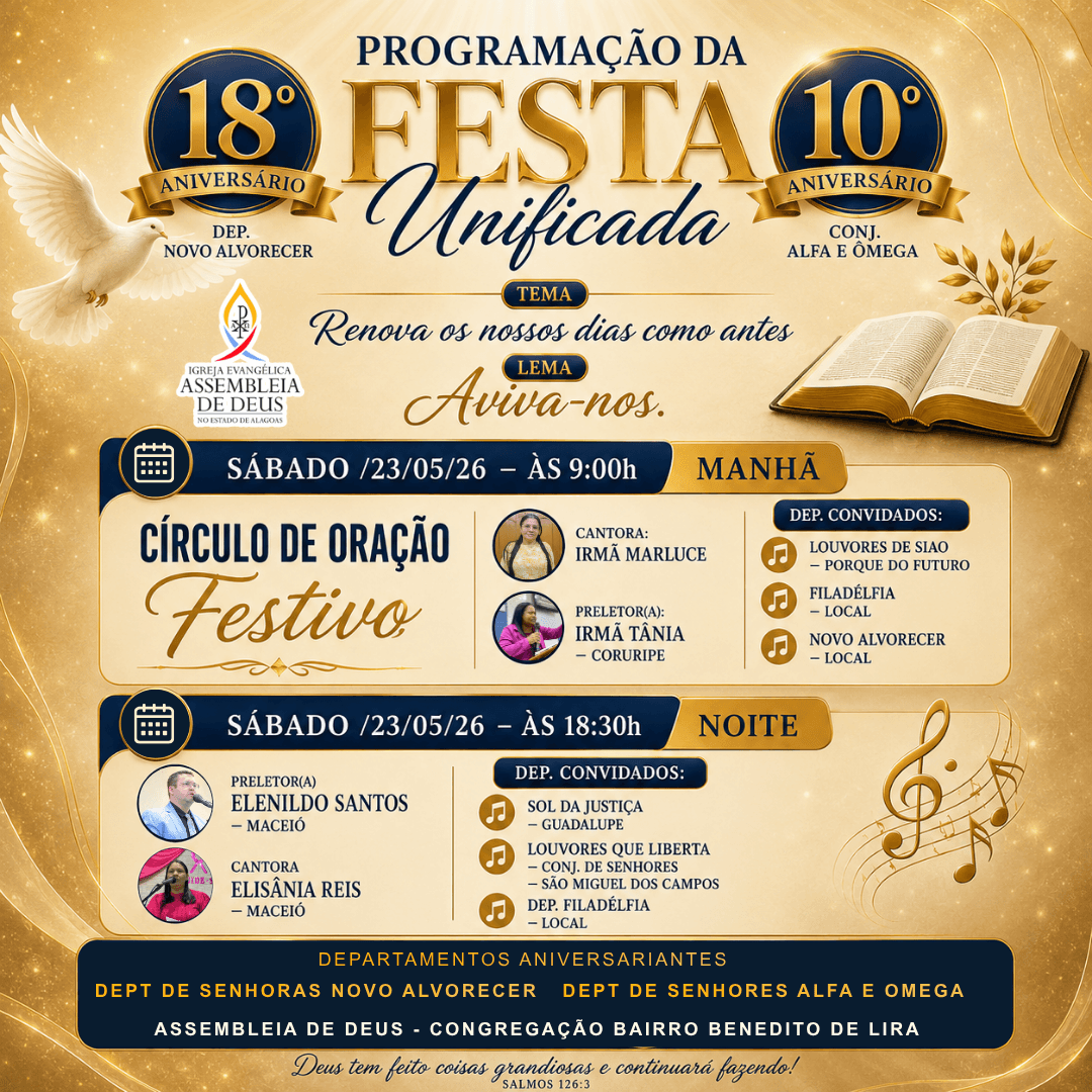 Assembleia de Deus realizará Festa Unificada no Bairro Benedito de Lira em Teotônio Vilela